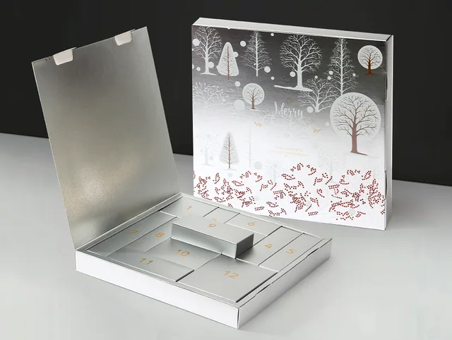 Advent calendar packaging example: SILVER CHRISTMAS CALENDAR BOX