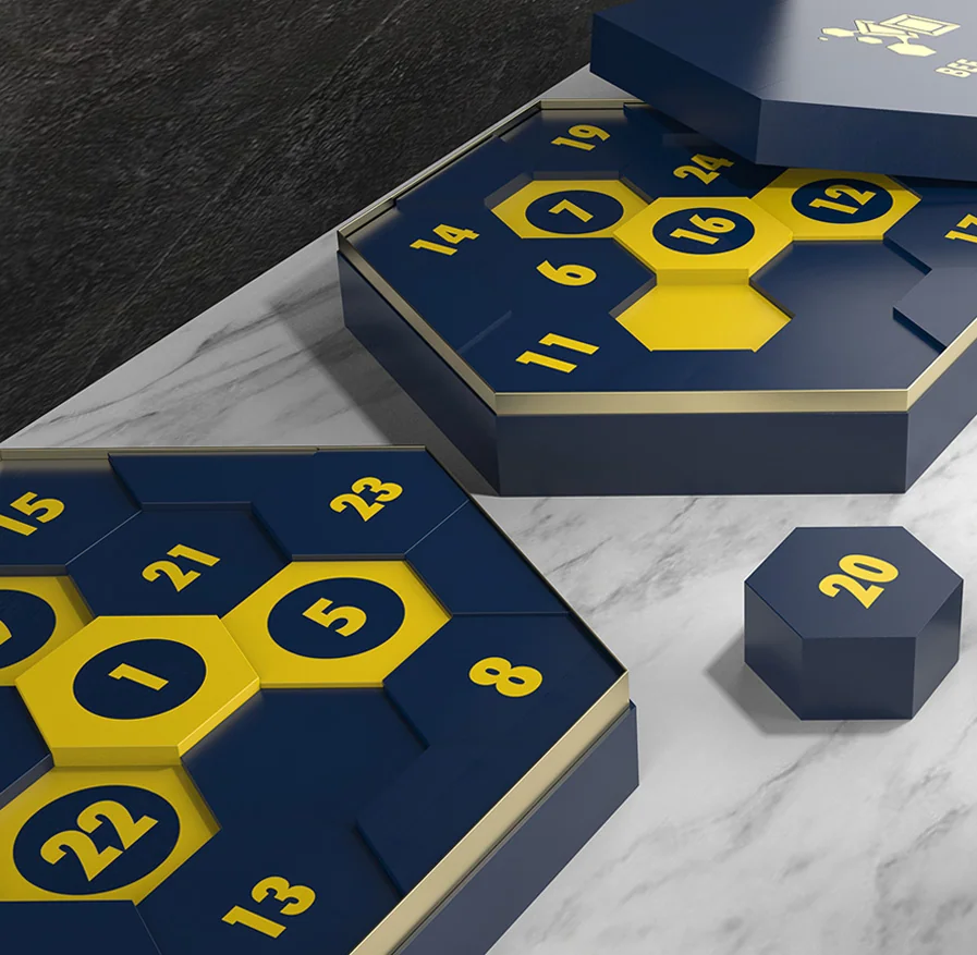 Custom packaging example: Honeycomb Hexagon Advent Calendar Box