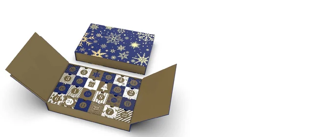 Open blue and gold advent calendar box with numbered doors and matching lid