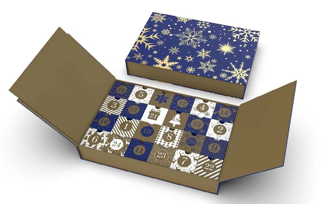 Open blue and gold advent calendar box with numbered doors and matching lid