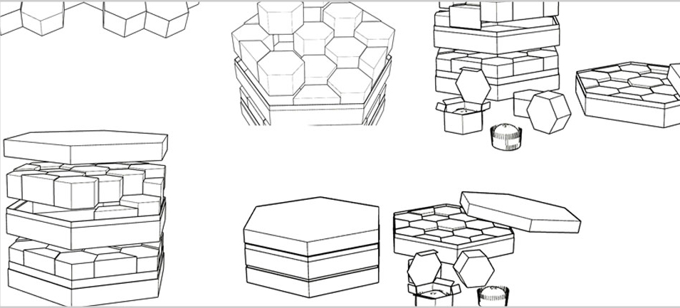 Black-and-white concept sketches illustrating stacked and hexagonal advent calendar compartments