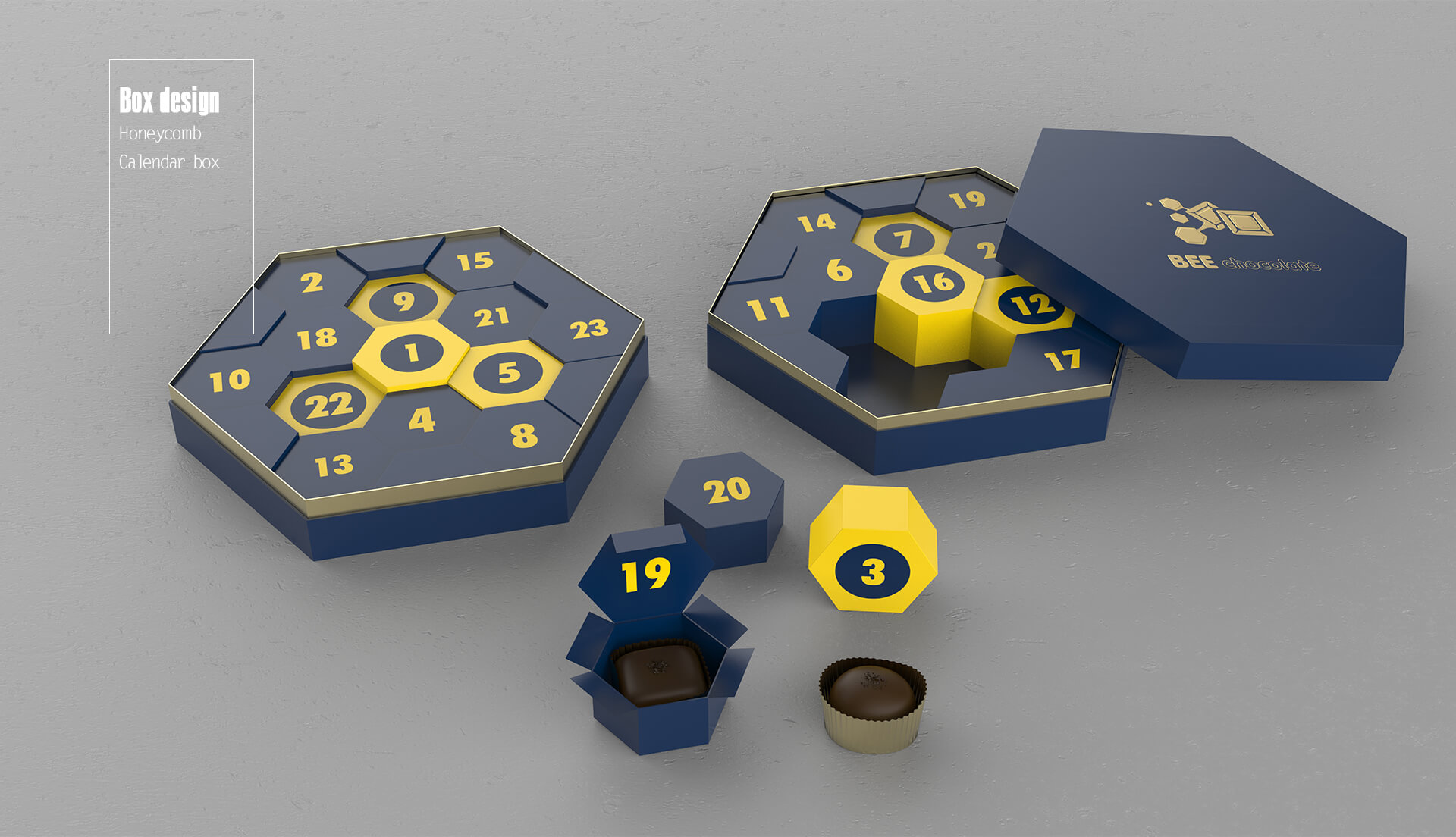 Design illustration of an advent calendar with numbered hexagonal compartments and individual product boxes